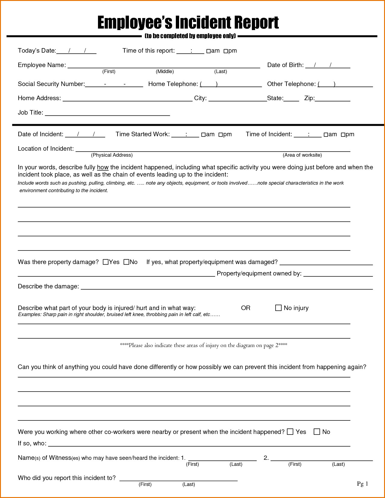 Work Incident Report Template Employee Incident Report forms