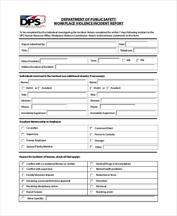Work Incident Report Template Sample Incident Report form 6 Documents In Pdf Word