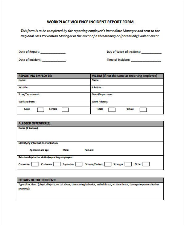 Work Incident Report Template Sample Incident Report form
