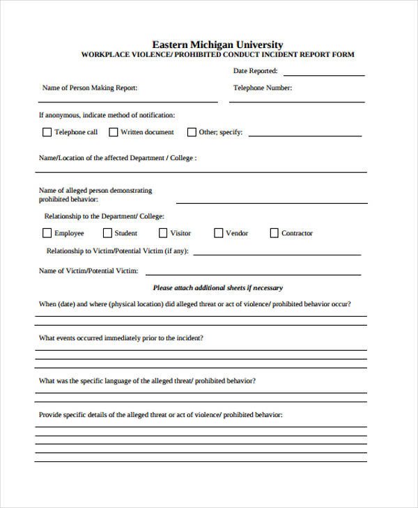 Work Incident Report Template Sample Incident Report form