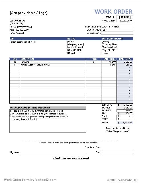 Work order Log Template Download the Work order form From Vertex42