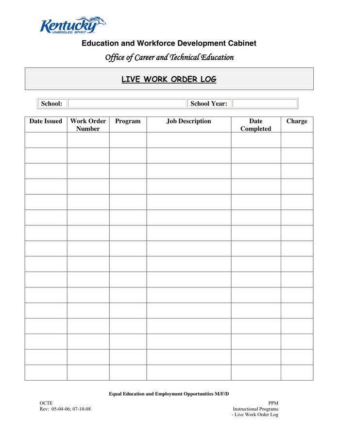 Work order Log Template Sample Purchase order form Template