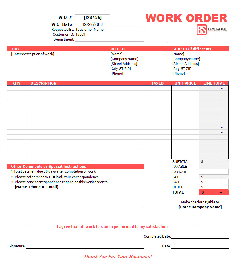 Work order Template Excel Work order