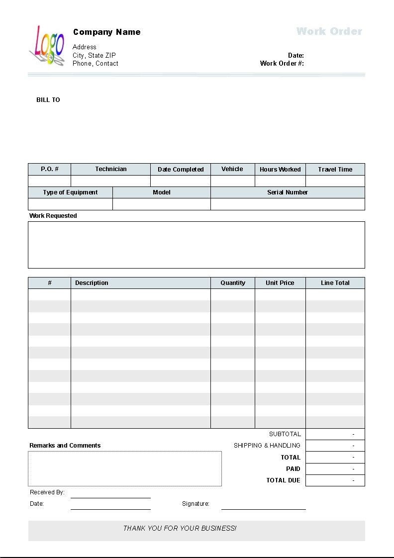 Work order Template Excel Work order Template Uniform Invoice software