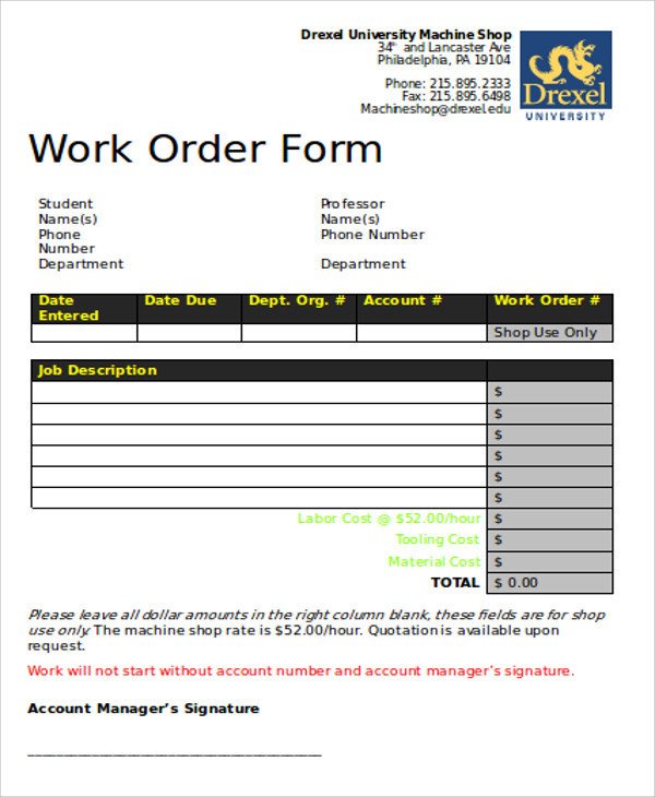 Work order Template Pdf Free Sample Work order form 9 Examples In Word Pdf