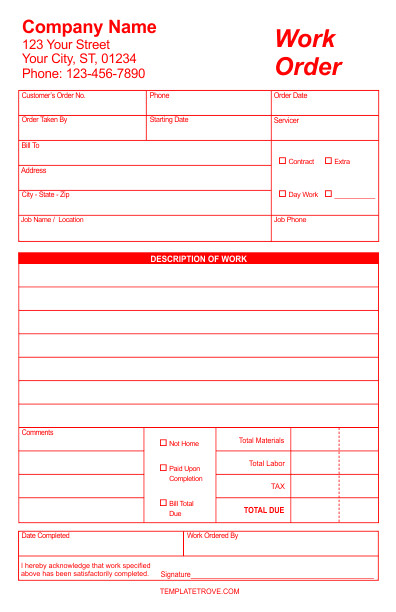 Work order Template Pdf Work order forms