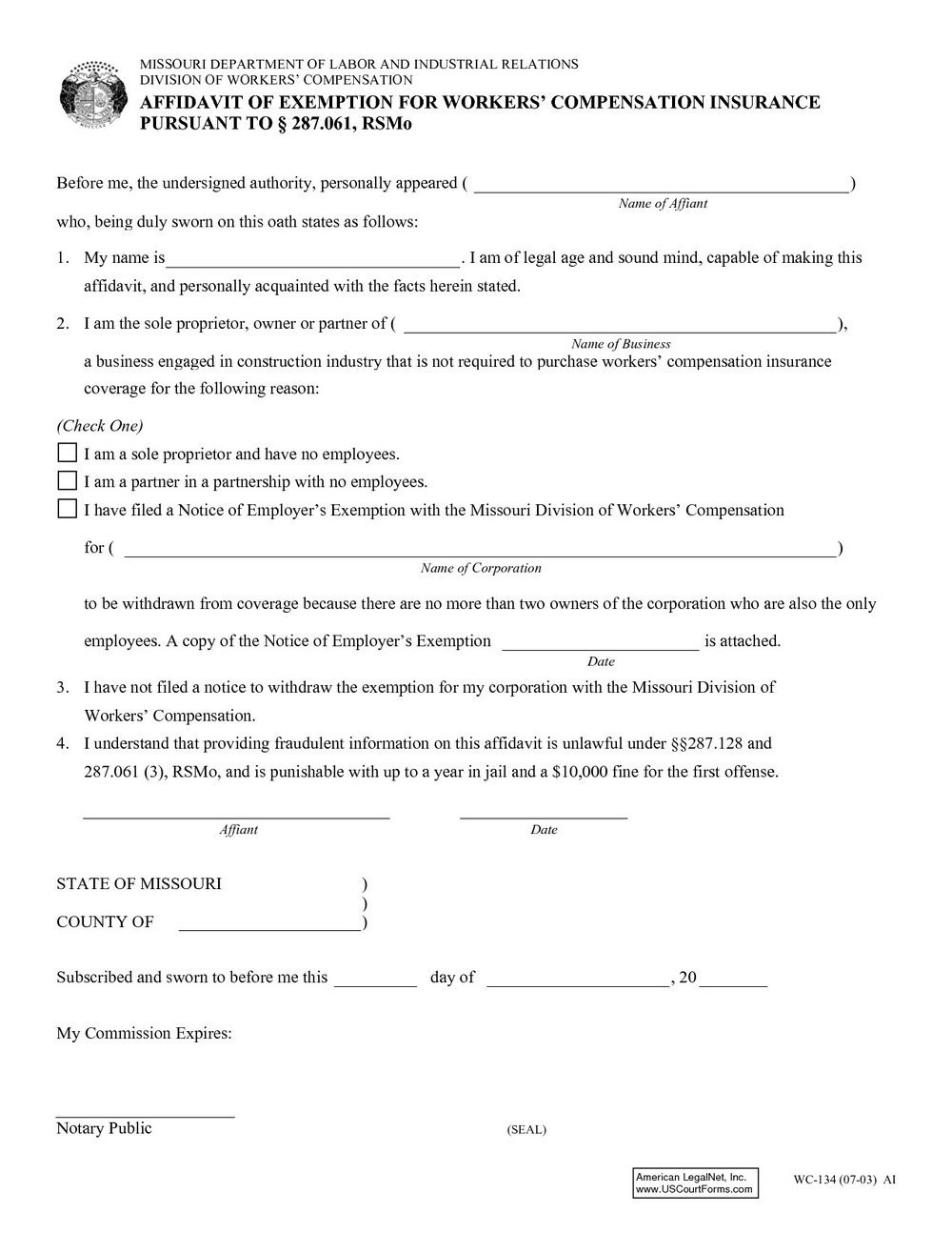 Workers Comp Exemption form Michigan Arizona Workers Pensation Insurance Waiver form Diy