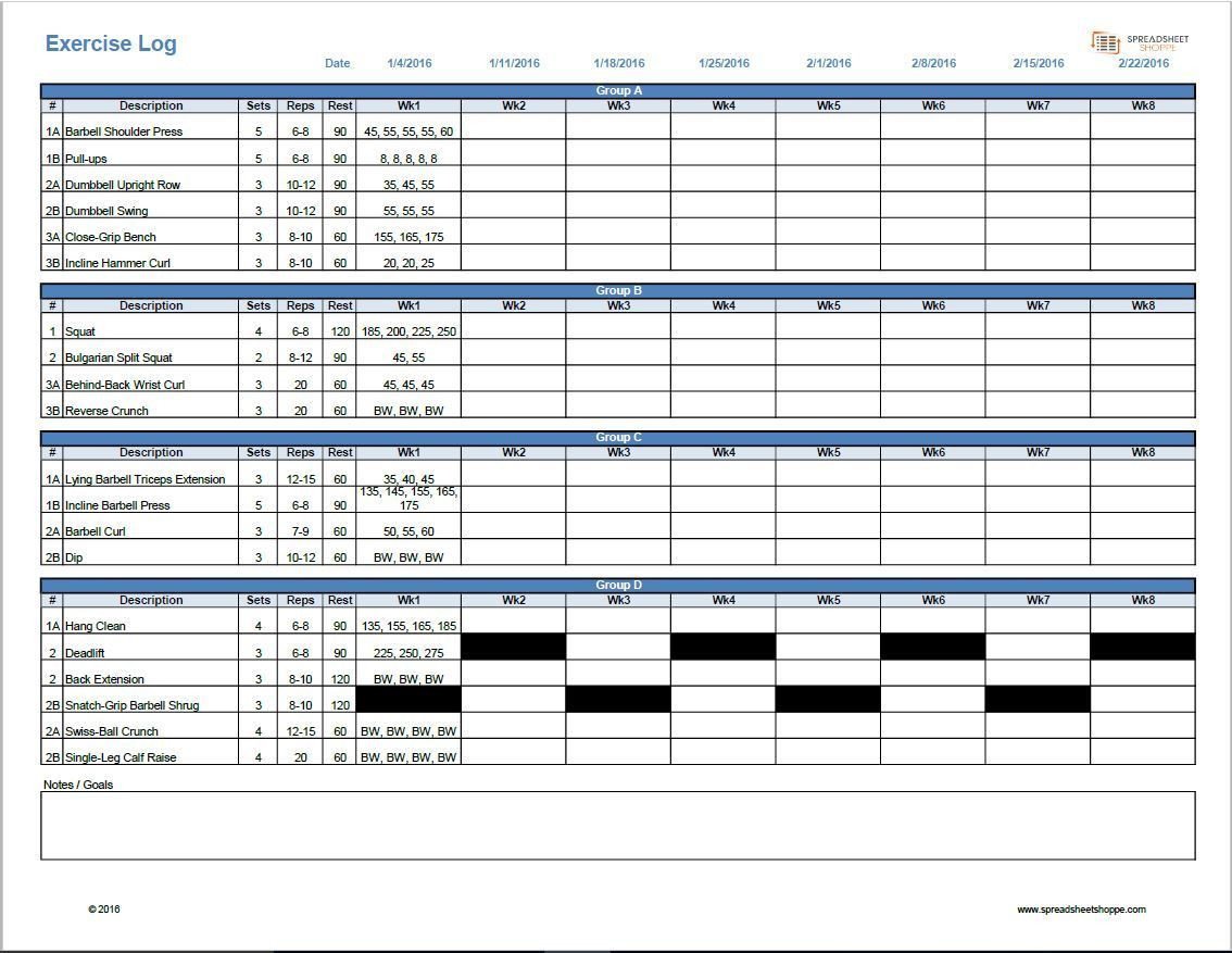 Workout Log Template Excel Workout Log Template Spreadsheetshoppe