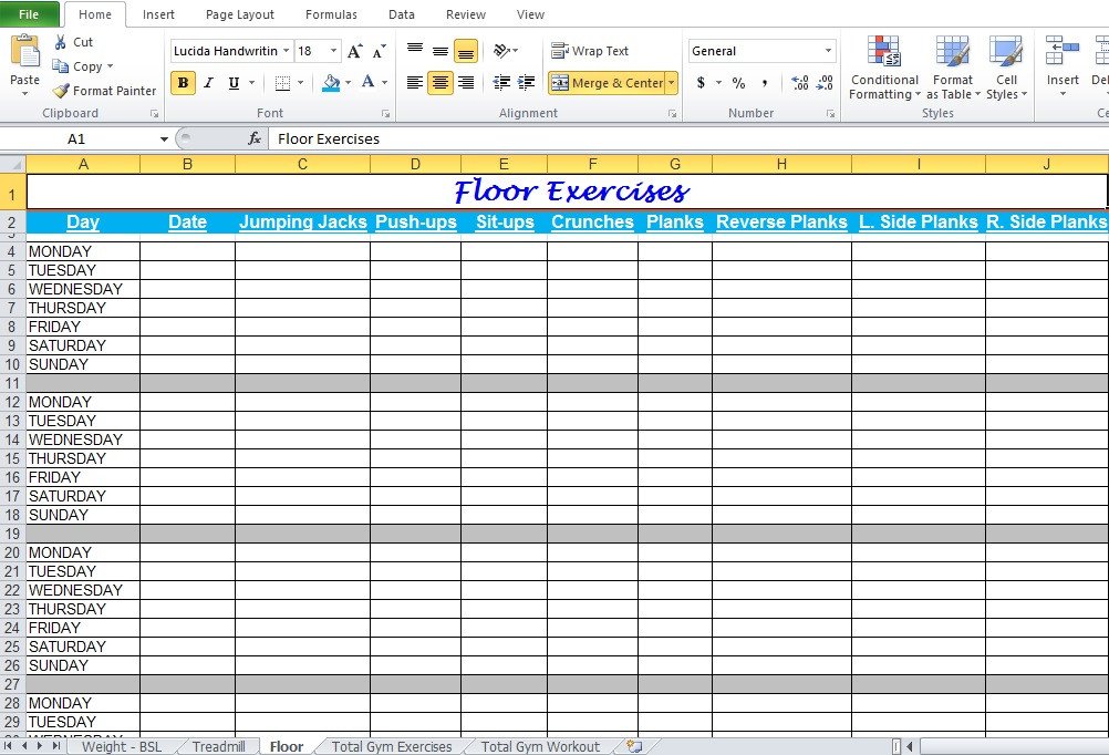 Workout Plan Template Excel Gym Workout Plan Spreadsheet for Excel Excel Tmp