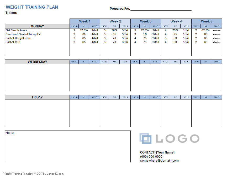 Workout Plan Template Excel Weight Training Plan Template for Excel