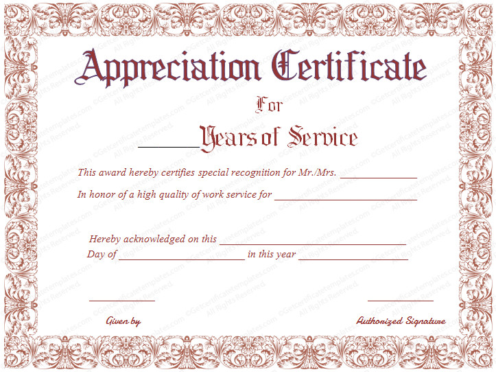 Years Of Service Certificate Template Free Printable Appreciation Certificate for Years Of Service